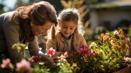 A grandmother teaching her granddaughter to plant flowers in her home garden.