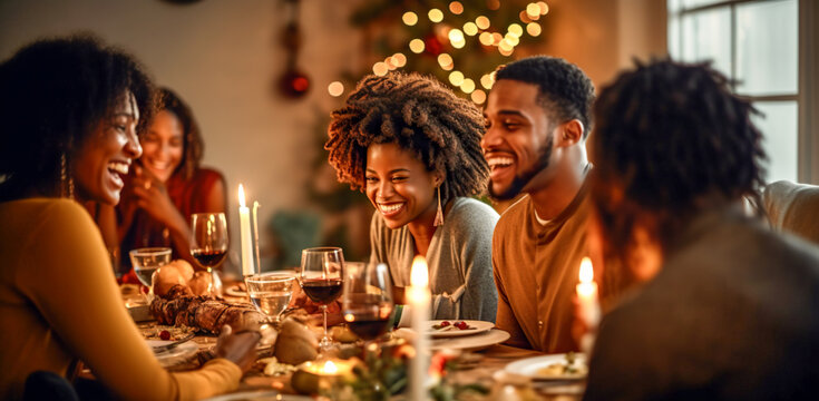 holidays, celebration and people concept. happy multi-ethnic friends  having christmas dinner at home. digital ai
