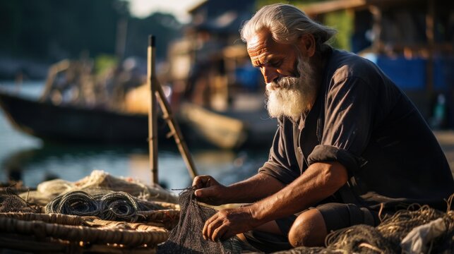 Fisherman mending his nets in a seaside town