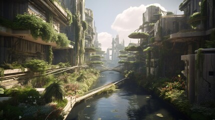 Fototapeta na wymiar Futuristic but Realistic City Perfectly Blending with Nature, generative AI