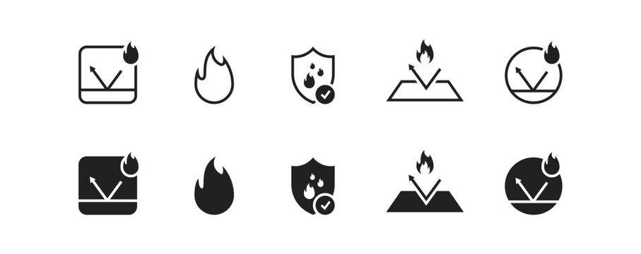 Fireproof icon set. Fire resistant materials. Fire resistance cover. Vector EPS 10