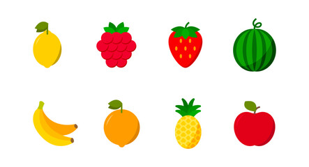 Fruits and berries icon. Lemon, orange, pineapple, apple, banana, waterlemon, strawberry, raspberry. Vector EPS 10