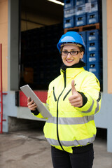 Worker woman checking delivery of food supplies in warehouse being satisfied