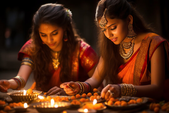 Indian women wearing traditional dress lighting diya lamps at temple on Diwali night. Religious ritual. 