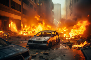 Fototapeta na wymiar Pogroms and riots in night city. Broken cars on fire