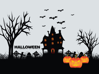 Flat Halloween celebration template with a moon glowing pumpkins illustration design