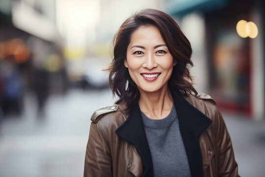 Asian woman smiling happy face portrait on a  city street
