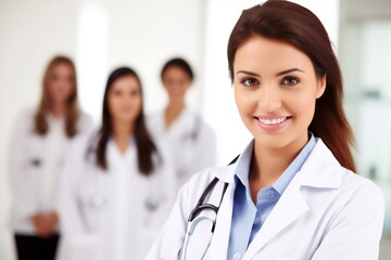 Fototapeta premium Young white woman wearing doctor uniform and stethoscope with a happy smile. Lucky person