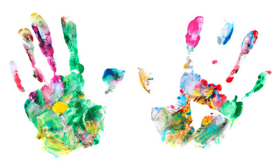 Set colorful hand print, paint watercolor isolated on white, clipping 