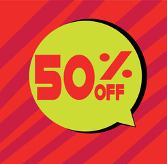 50 off for big sales. yellow balloon with black shadow on red background and red light.