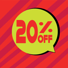 20 off for big sales. yellow balloon with black shadow on red background and red light.