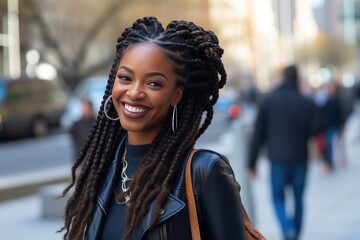 Young black African American business woman in city walking street smiling happy face - obrazy, fototapety, plakaty