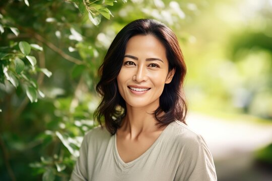 Asian woman smile happy face portrait outdoor in spring with tree background