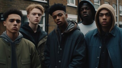 Fictitious group of tough looking young men in a UK city AI generative