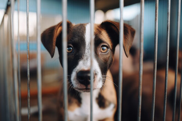 Stray homeless dog in animal shelter cage. Sad abandoned hungry puppy found the street waiting for owner. Pets adoption, rescue, help for pets