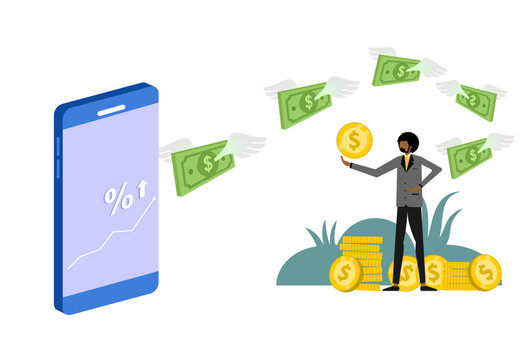 Vector design of online income with ilustrated with flying money and smartphone