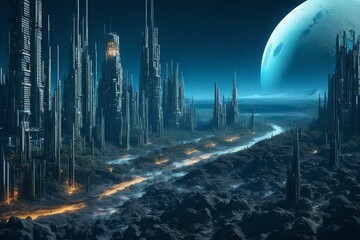 A barren lunar landscape into a thriving, futuristic city amidst a bustling forest