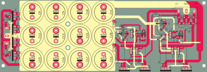 Vector printed circuit board of an electronic 
device with components of radio elements, 
conductors and contact pads placed on it. 
Engineering drawing.