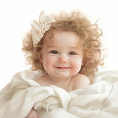 Fototapeta premium charming little girl with blonde hair smiling sweetly,white background,illustration