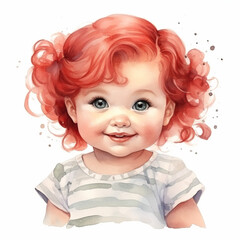 Fototapeta premium charming little girl with red hair smiling sweetly,white background,watercolor illustration