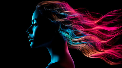 Beautiful woman with colorful hair on black background. 3D rendering