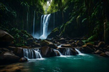 A breathtaking view of a waterfall in a tropical rainforest