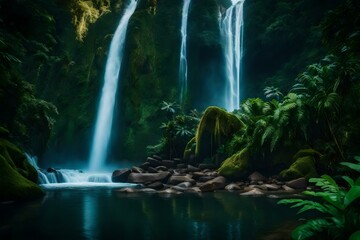 A breathtaking view of a waterfall in a tropical rainforest