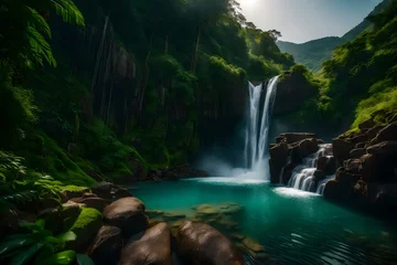Fotobehang A breathtaking waterfall cascading down a rocky cliff into a pool below, surrounded by lush green vegetation. © Muhammad