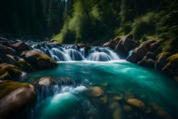 A clear river with cascading waterfalls and salmon swimming upstream