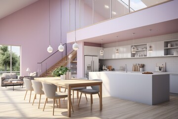 Spacious mid century pastel danish scandinavian modern interior kitchen with purple wisteria pink walls with wood and marble accents with bright morning light