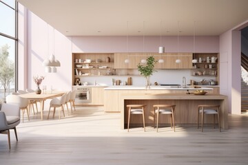 Spacious mid century pastel danish scandinavian modern interior kitchen with purple wisteria pink walls with wood and marble accents with bright morning light