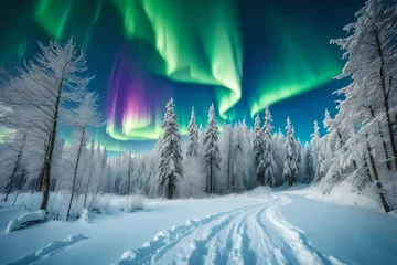Poster A cloudy sky into a breathtaking display of the Northern Lights dancing above a snowy landscape © Muhammad