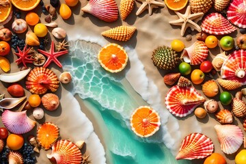 A coastal beach scene into an exotic paradise with colorful seashells and tropical fruit stands