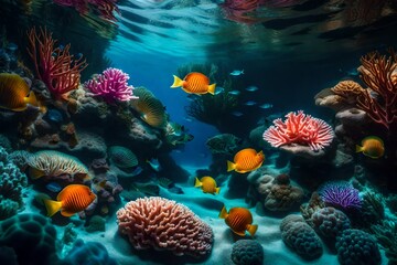 Fototapeta na wymiar A coral reef into an enchanted underwater garden with singing seashells