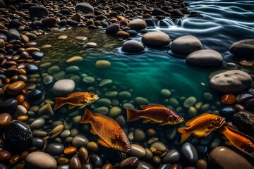 A crystal-clear river with pebbles on the riverbed and fish swimming between them