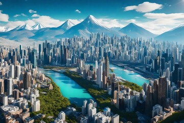 A daytime cityscape into a breathtaking natural wilderness with mountains and rivers