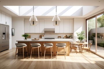 Fototapeta premium Sunny Summer Modern White Kitchen Interior With Hardwood Floors And White Cabinets