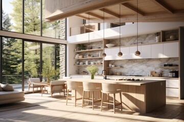 Modern Kitchen Interior With A White Cabinets And Long Sustainable Organic Island