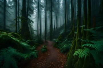 A dense forest with a mist