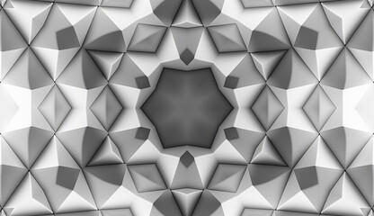 3D render of black and white monochrome abstract art with part of surreal alien hypnotic fractal kaleidoscopic outline floral symmetry structure.