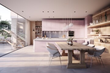 Slow Living Modern Purple Pastel Kitchen Interior With Dining Table And Modern Windows