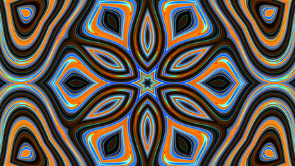 3d render, abstract background of floral kaleidoscope, colorful paper flowers ornament. Modern wallpaper. 3d Illustration