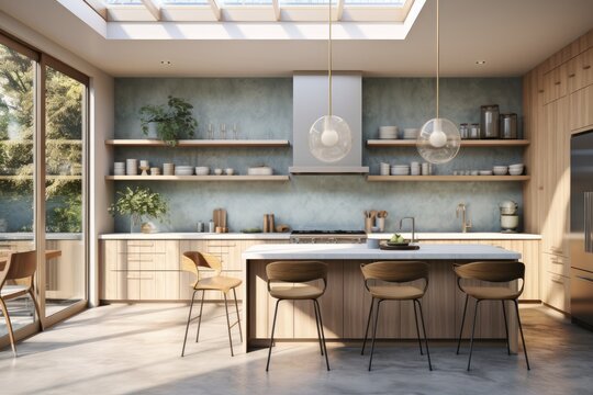 Modern Kitchen Interior With Blue Accent Wall And Styled Shelves With Cups And DIshware