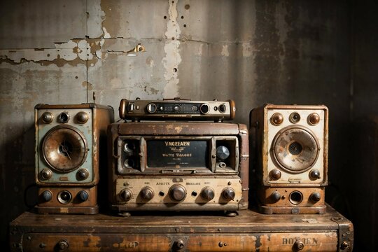 Abandoned Antique radio on vintage background