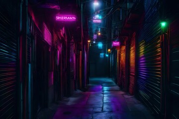 A dimly lit alleyway into a vibrant scene with colorful neon lights