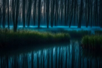 A foggy marshland into a mystical scene with bioluminescent fireflies guiding the way