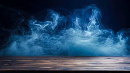 Smoke on the wooden table in front of dark blue background