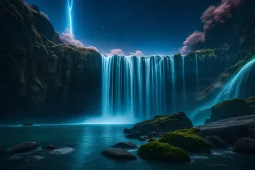 Tuinposter A galaxy-themed waterfall cascading into an alien landscape © Muhammad
