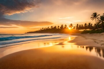 A golden sand beach with palm trees and a stunning sunset