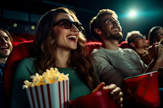 Picture of happy friends sitting in cinema watch film eating popcorn and drinking aerated sweet water. Young people eating popcorn in movie theater. Happy couple at the cinema. Friends at the cinema.